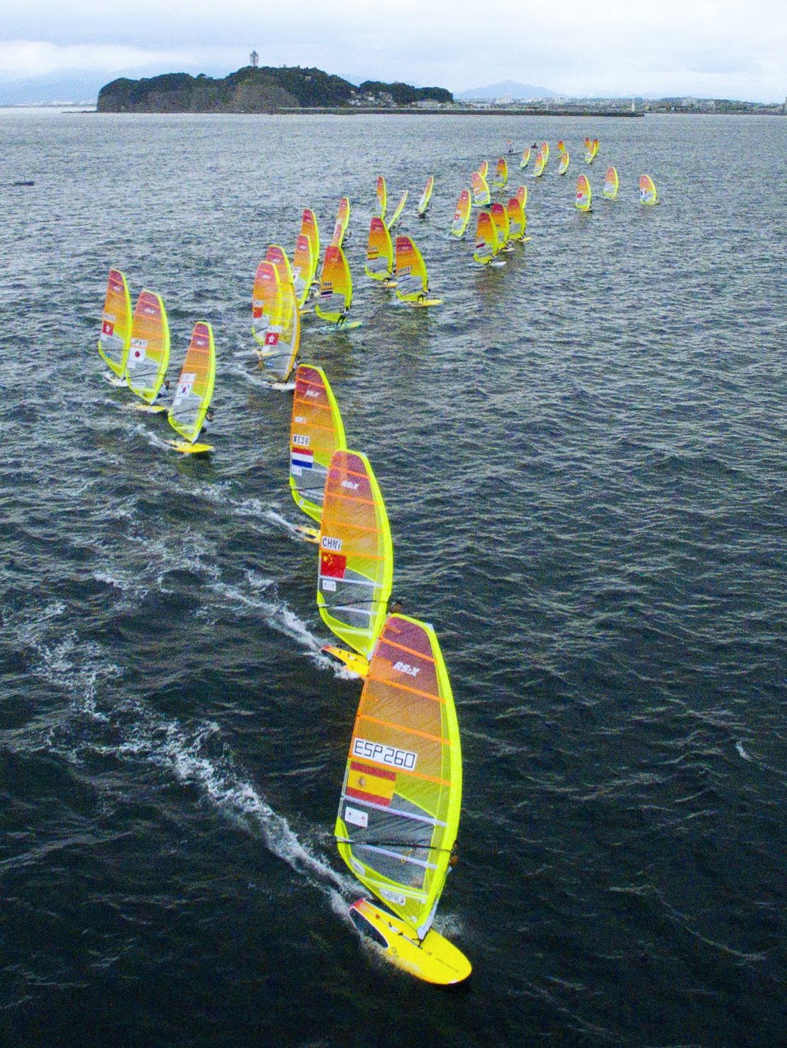Competitors taking part in the men's RS:X class windsurfing event as part of the sailing World Cup series.