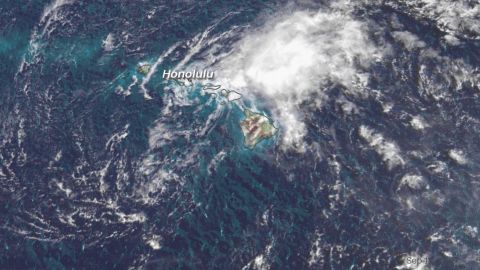 A satellite image shows Tropical Storm Olivia as it moves into the Hawaiian islands on Wednesday.