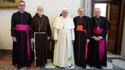 From left: Monsignor Brian Bransfield, general secretary of the US Conference of Catholic Bishops; Cardinal Sean O'Malley, Archbishop of Boston; Pope Francis; Cardinal Daniel DiNardo, president of the US Conference of Catholic Bishops; Archbishop Jose Gomez, vice president of the US Conference of Catholic Bishops.