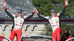 Jari Matti Latvala and co-driver Miikka Anttila celebrate third place at the 2018 Monte-Carlo Rally