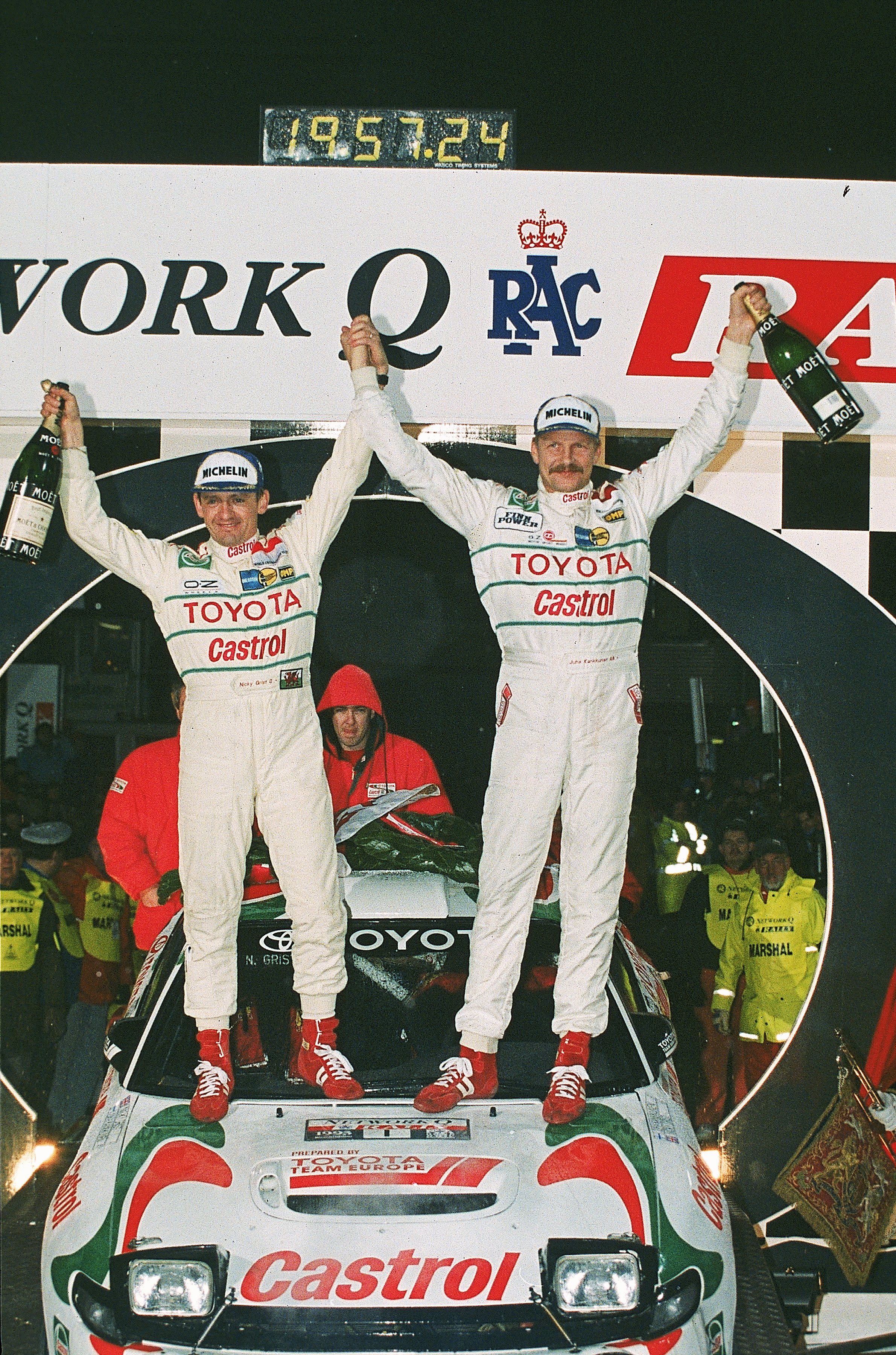 Finland's Kankkunen (right) returned to TOYOTA  in 1993 and won a fourth drivers' championship, alongside co-driver Nicky Grist.  