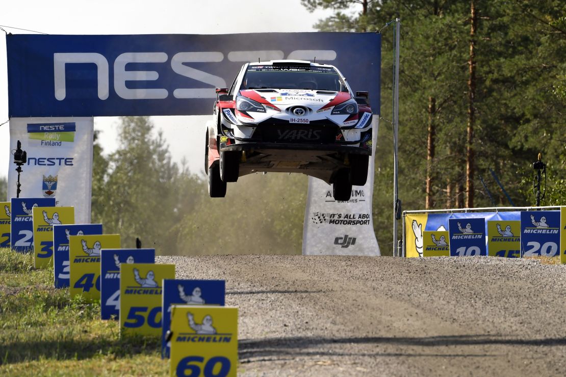 Jari-Matti Latvala and co-driver Miikka Anttila fly in their TOYOTA Yaris during the 2018 Rally Finland.