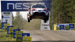 Finnish driver Jari-Matti Latvala and co-driver Miikka Anttila get airborne with their Toyota Yaris WRC car during the Ruuhimäki 1 Special Stage of the WRC Rally Finland near Jyväskylä, Finland on July 29, 2018. (Photo by Markku Ulander / Lehtikuva / AFP) / Finland OUT        (Photo credit should read MARKKU ULANDER/AFP/Getty Images)