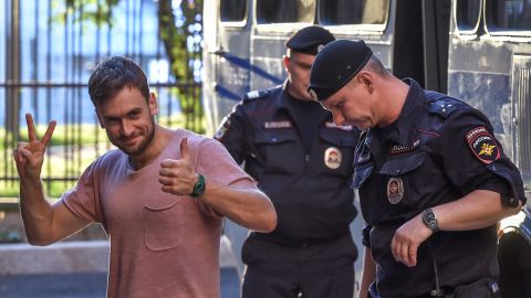 Reports say Pussy Riot member Pyotr Verzilov, seen here attending an appeal hearing at a court in Moscow in July, has been urgently hospitalized in the toxicology intensive care unit of a Moscow hospital for suspected poisoning.