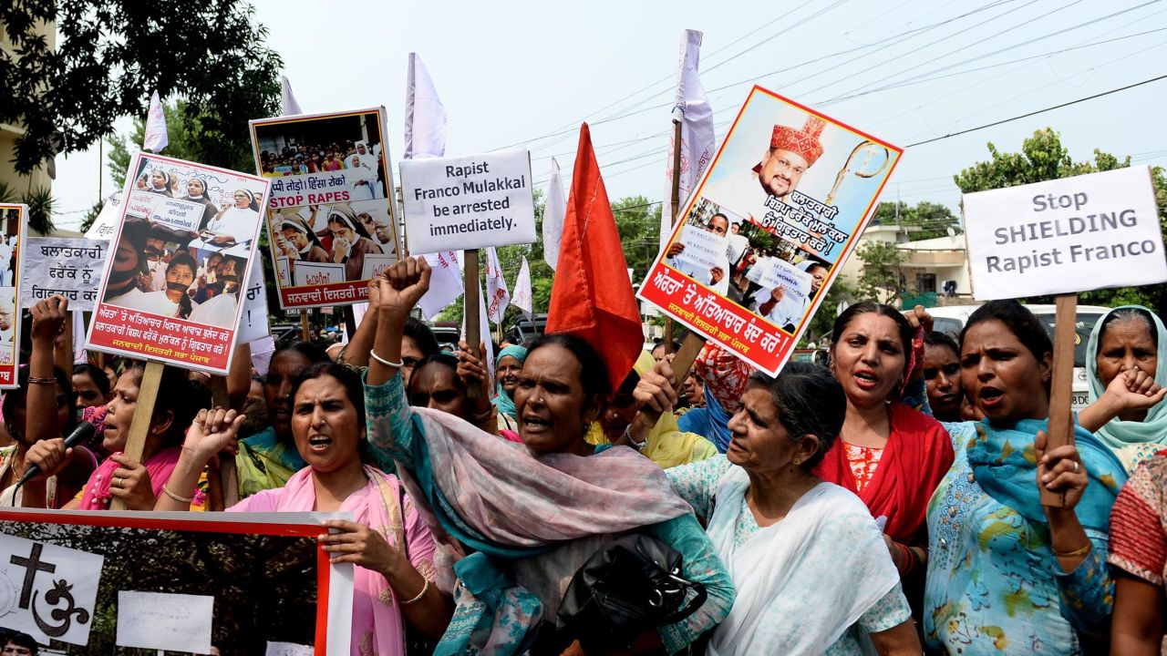 Women hold a protest this month in Jalandhar, India, demanding a bishop's arrest in a rape case.