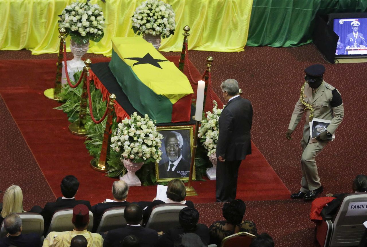 UN Secretary-General Antonio Guterres pays his respects to <a href="https://www.cnn.com/2018/09/13/africa/kofi-annan-state-funeral-intl/index.html">Kofi Annan during a state funeral</a> at the Accra International Conference Centre in Annan's native Ghana on Thursday, September 13.<a href="http://www.cnn.com/2018/08/18/africa/kofi-annan-obit-intl/index.html"> Annan, the UN chief from 1997 to 2006, died August 18</a> at age 80 after a brief illness.
