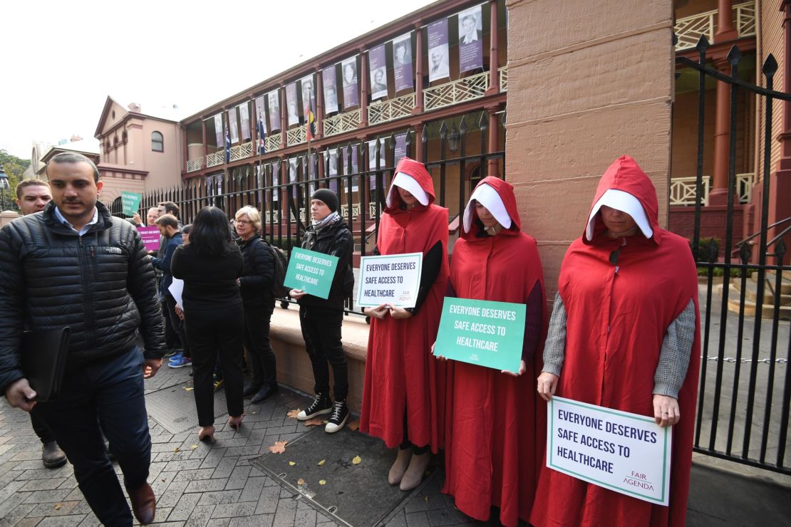 Supporters of creating a safe access zone around abortion clinics in NSW gather outside NSW Parliament House in Sydney, New South Wales (NSW), Australia on 7 June 2018.