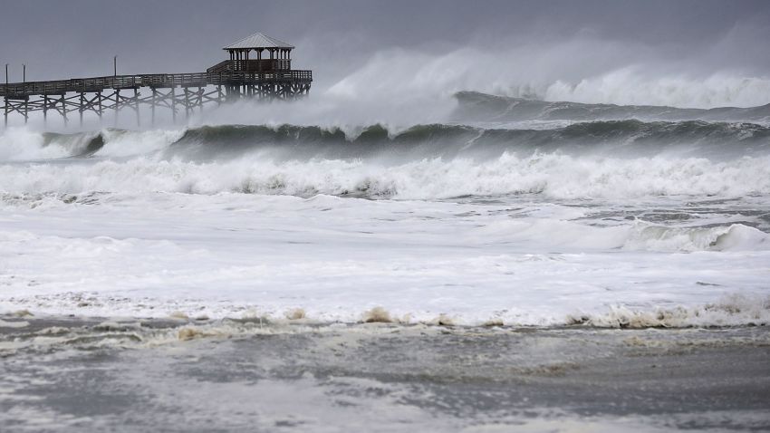 ATLANTIC BEACH, NC - SEPTEMBER 13:  Waves crash around the Oceana Pier as the outer edges of Hurricane Florence being to affect the coast September 13, 2018 in Atlantic Beach, United States. Coastal cities in North Carolina, South Carolina and Virgnian are under evacuation orders as the Category 2 hurricane approaches the United States.  (Photo by Chip Somodevilla/Getty Images)