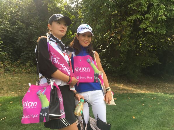 Amin Moh (left) and Eun Sun Kim have traveled from Seoul, Korea to Evian-les-Bains in France to follow their hero, Sung Hyun Park.