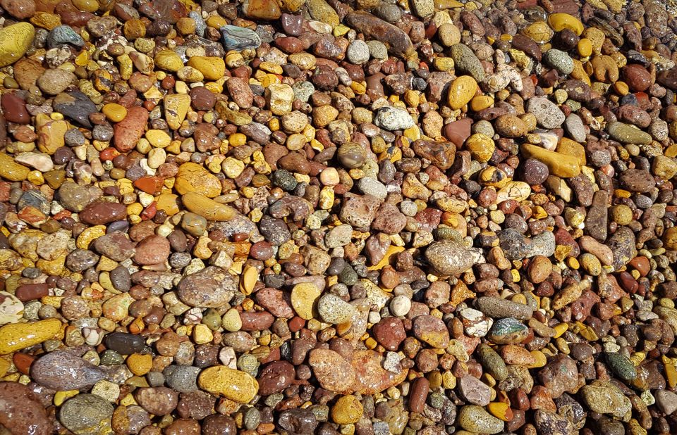 <strong>Rainbow pebbles:</strong> The colors range from butterscotch orange to sweet potato red and egg-yolk yellow, all threaded with dark streaks and dashes of pure white.
