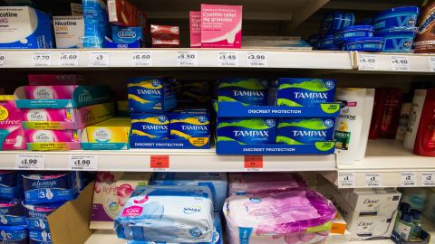 Menstrual products are displayed on the shelf of a convenience store in Croydon, south London.