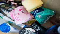Menstrual products and other toiletries in Krengel's bathroom.