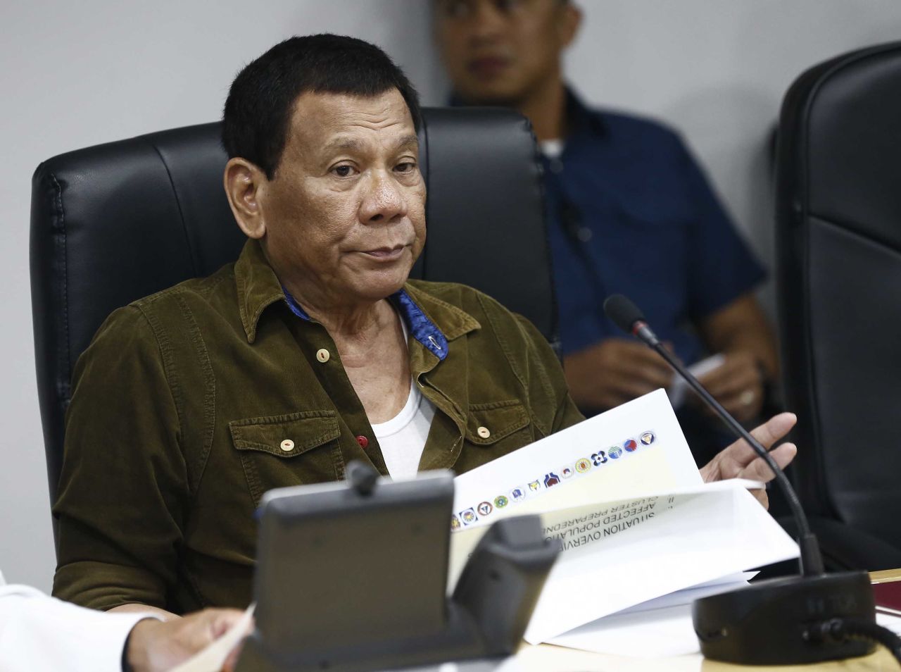 Philippine President Rodrigo Duterte arrives for a government briefing on the typhoon at the National Disaster Risk Reduction and Management Council in Quezon City on Thursday, September 13.