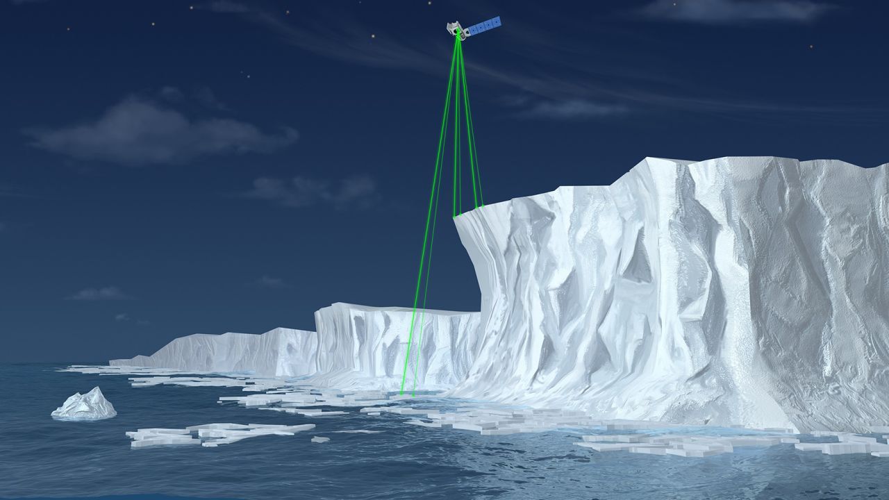 Illustration of ICESat-2, a mission to measure the changing height of Earth's ice.