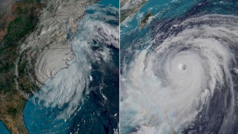 Images taken Friday of Hurricane Florence and Typhoon Mangkhut shows the tropical storm force winds extend 350 miles across Florence and 550 miles across Mangkhut.