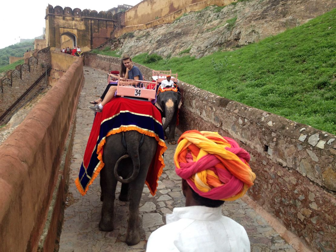 The family rode elephants at the Amber Fort in Jaipur.