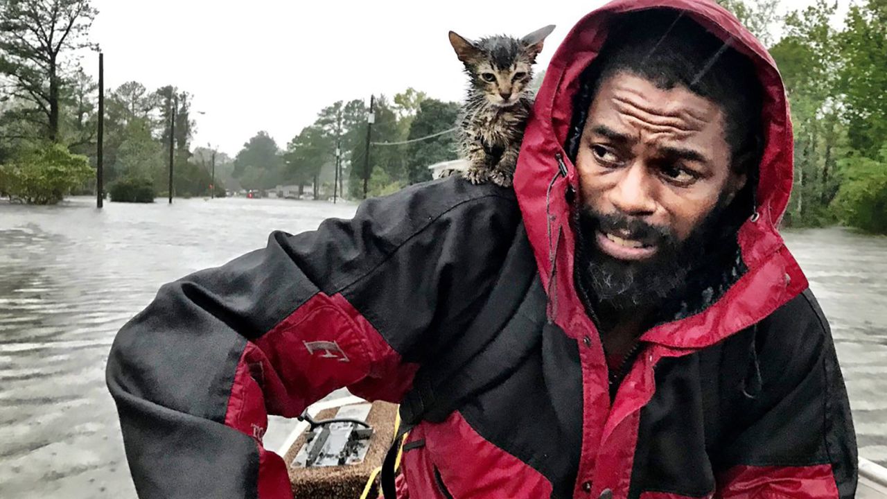 Robert Simmons Jr. and his kitten Survivor are rescued from floodwaters after Hurricane Florence dumped several inches of rain in the area overnight, Friday, September 14 in New Bern.