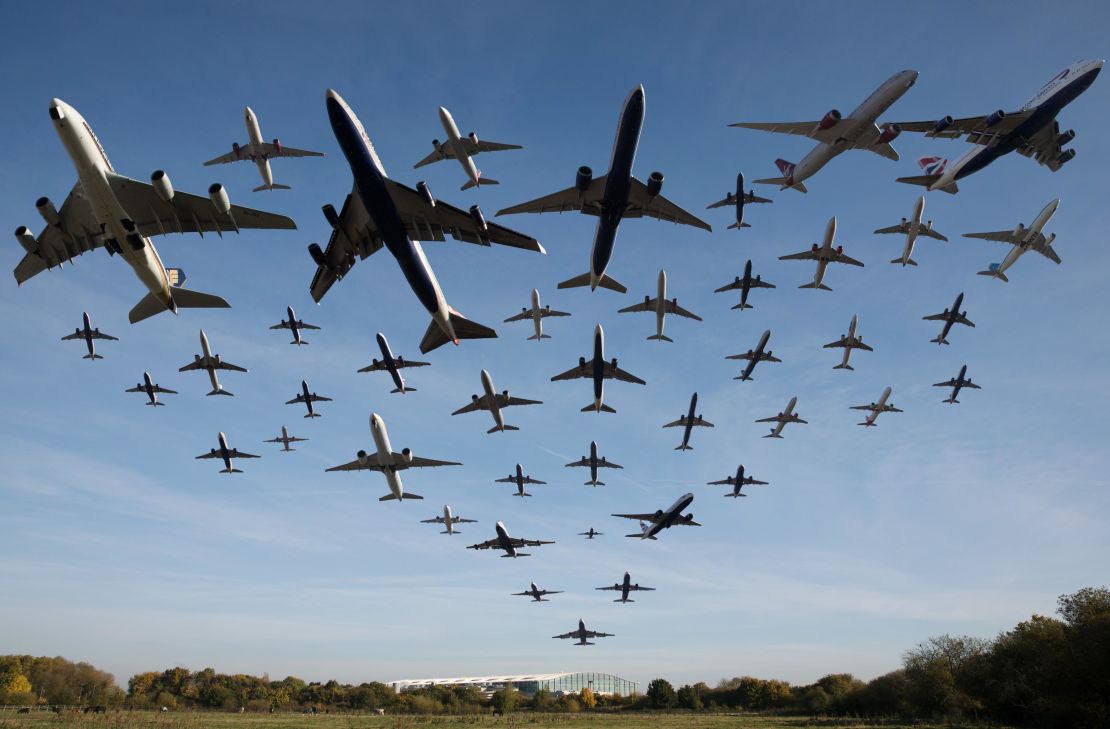 A composite image shows 42 flights taking off from Heathrow in a one-hour period on November 2, 2016. 