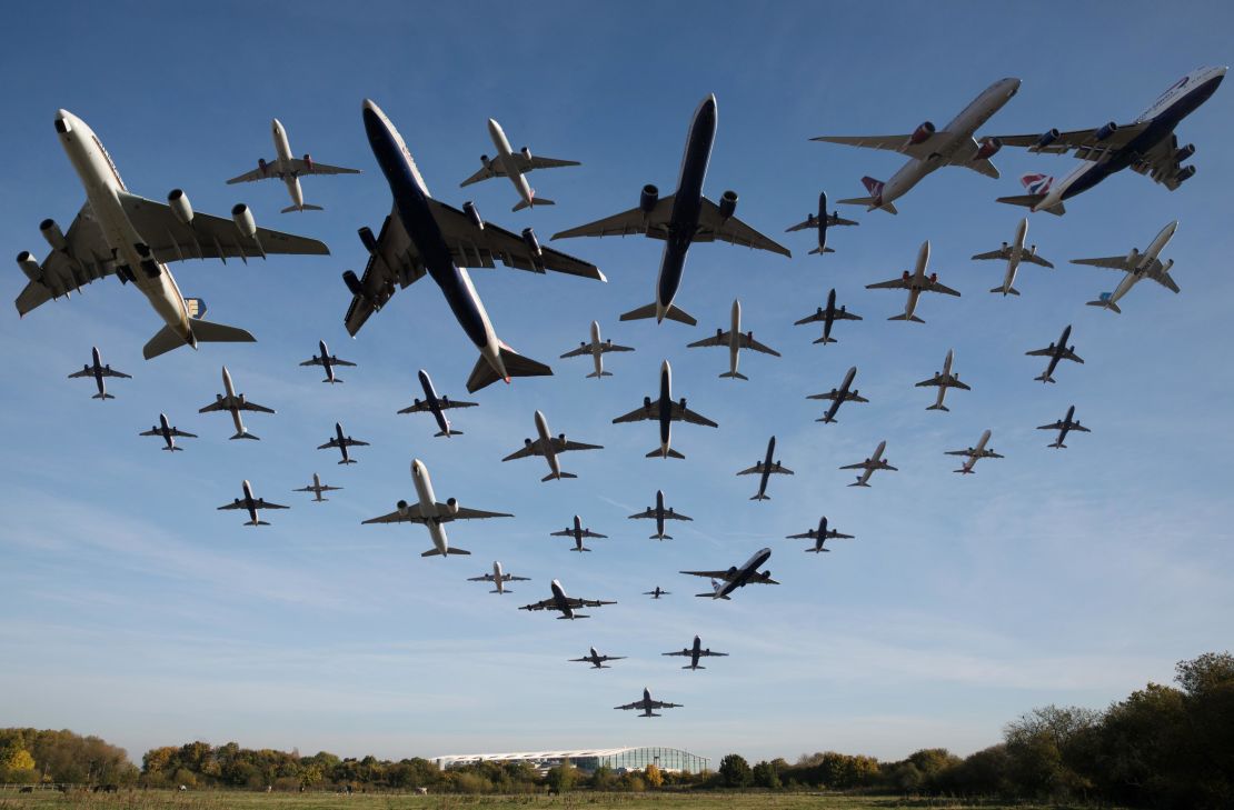 A composite image shows 42 flights taking off from Heathrow in a one-hour period on November 2, 2016.
