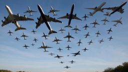 LONDON, ENGLAND - NOVEMBER 2: (EDITOR'S NOTE: THIS IMAGE IS A PHOTO COMPOSITE) In this composite photo,  Planes take off from Heathrow  Airport on November 2, 2016 in London, England. A total of 42 planes were captured taking off from Heathrow Airport in a one hour period between 10.17am and 11.17am and a montage was created from those single images. Air traffic controllers warned that the UK skies are becoming over crowded and today, Friday 21st July 2017, is set to be the busiest day of the year. (Photo by Dan Kitwood/Getty Images)