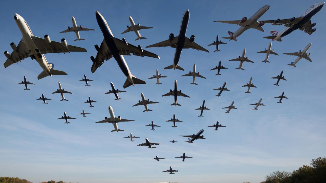 A composite image shows 42 flights taking off from Heathrow in a one-hour period on November 2, 2016. 