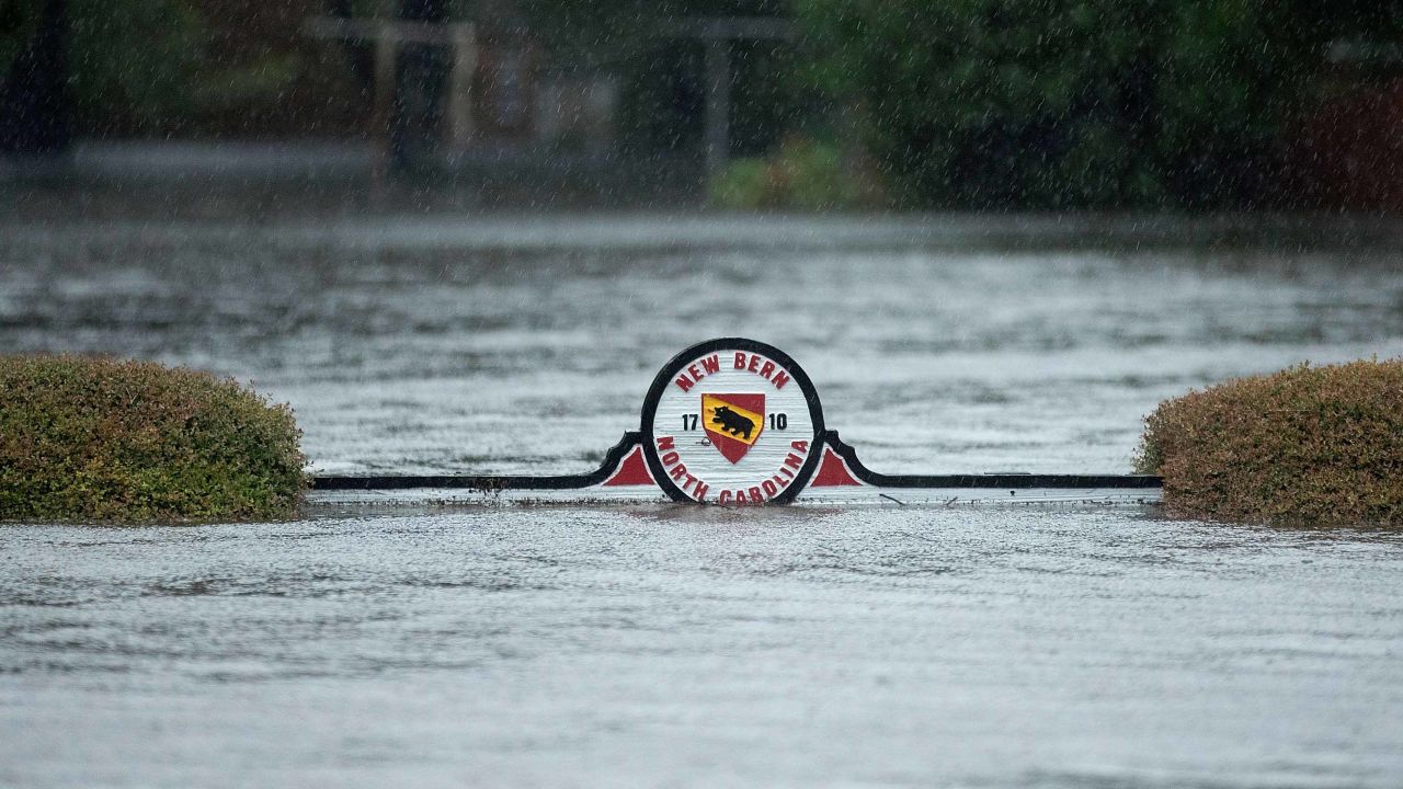 Neighborhoods are flooded after the storm surge from Hurricane Florence flooded the Neuse River September 14, 2018 in New Bern, North Carolina.