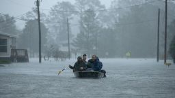 NEW BERN, NC - SEPTEMBER 14:  Volunteers from all over North Carolina help rescue residents from their flooded homes during Hurricane Florence September 14, 2018 in New Bern, North Carolina. Hurricane Florence made landfall in North Carolina as a Category 1 storm and flooding from the heavy rain is forcing hundreds of people to call for emergency rescues in the area around New Bern, North Carolina, which sits at the confluence of the Nuese and Trent rivers. The storm has since been downgraded to a tropical storm. (Photo by Chip Somodevilla/Getty Images)