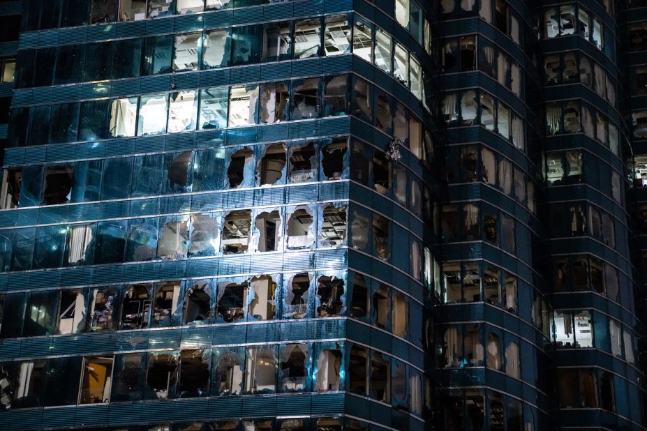 Fierce winds and rain pierced this building in Hong Kong. The typhoon tore off roofs, downed trees and caused cranes to swing ominously.