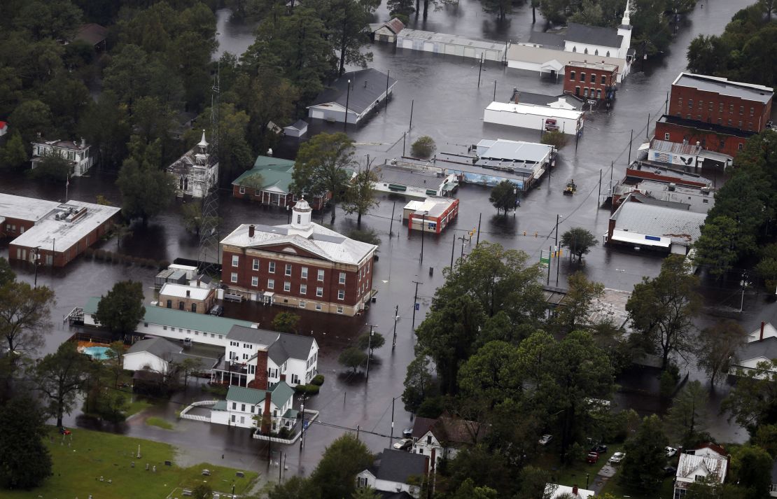 Floodwaters from Hurricane Florence inundate the town of Trenton, North Carolina, Sunday, September 16.