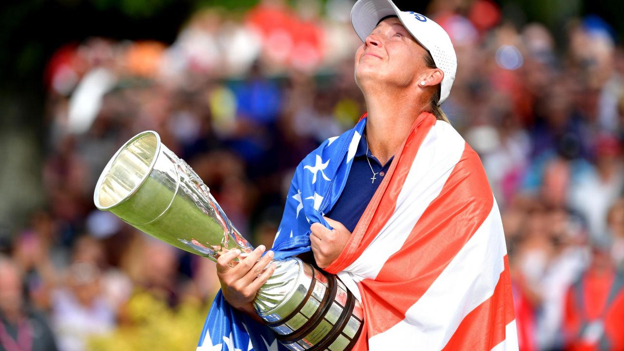 EVIAN-LES-BAINS, FRANCE - SEPTEMBER 16:  Angela Stanford of the United States celebrates winning the Evian Championship with the trophy during Day Four of The Evian Championship 2018 at Evian Resort Golf Club on September 16, 2018 in Evian-les-Bains, France.  (Photo by Stuart Franklin/Getty Images)