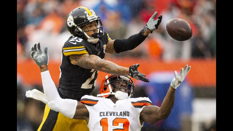 Pittsburgh Steelers defensive back Joe Haden, top, breaks up a pass intended for Cleveland Browns wide receiver Josh Gordon during the third quarter at FirstEnergy Stadium on Saturday, September 9.