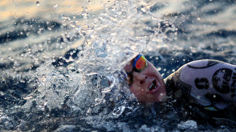 A participant competes in the swim leg during IRONMAN 70.3 in Nice, France, on Sunday, September 16.