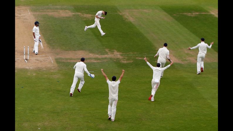 England's James Anderson celebrates the wicket of India's Mohammed Shami at the cricket match between England and India in London, England on Tuesday, September 11.
