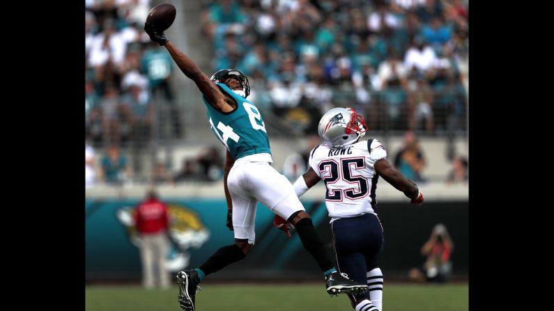 Jacksonville Jaguars wide receiver Keelan Cole pulls in a one-handed pass reception for a first down on the Jaguars' first touchdown drive in the first quarter against the New England Patriots on Sunday, September 16. The Jaguars defeated the Patriots 31-20.
