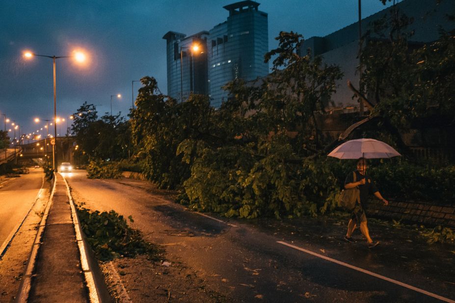 A man holds an umbrella as he walks past fallen trees in Hong Kong on Sunday, September 16.