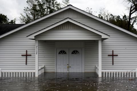 A church is partially submerged in Richlands, North Carolina, on September 16.
