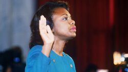 US law professor Anita Hill takes oath, Oct. 12, 1991, before the Senate Judiciary Committee in Washington D.C.. Hill filed sexual harassment charges against US Supreme Court nominee Clarence Thomas.