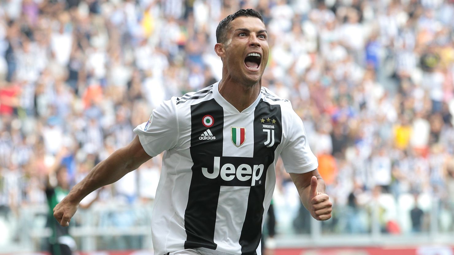 Cristiano Ronaldo celebrates his first goal for Juventus.
