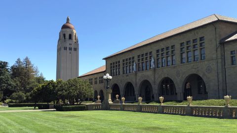 A view of Hoover Tower and the main quad at Stanford University in Palo Alto, California.