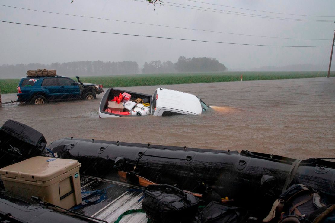 A pickup is submerged in floodwaters in Lumberton, North Carolina, in Hurricane Florence's aftermath.