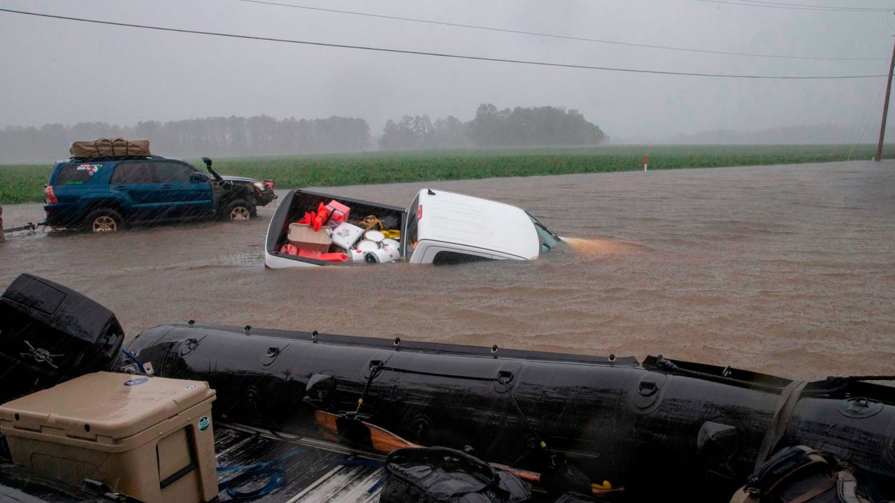 A pickup is submerged in floodwaters in Lumberton, North Carolina, in Hurricane Florence's aftermath.