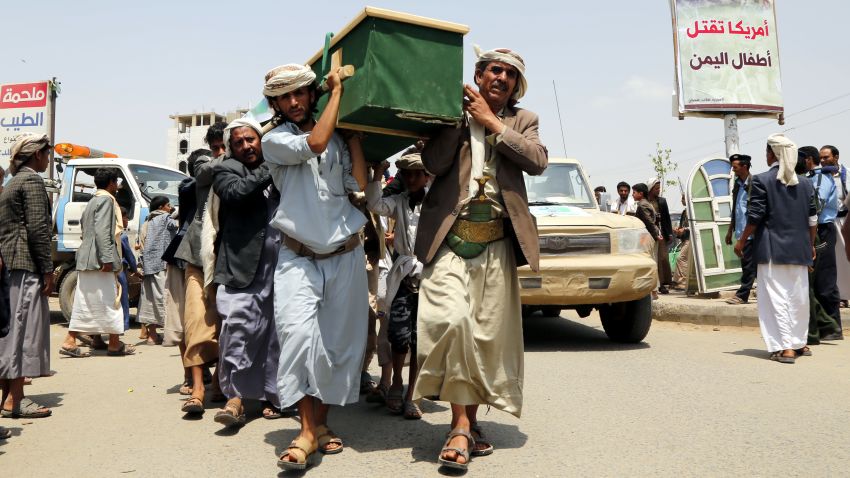 Mourners carry the coffin of a child at the funeral procession for those killed in an airstrike on August 13, 2018 in Saada, Yemen. Fifty-one people, including 40 children, were killed in the attack and at least 79 others were wounded, of which 56 were children, according to published reports. 