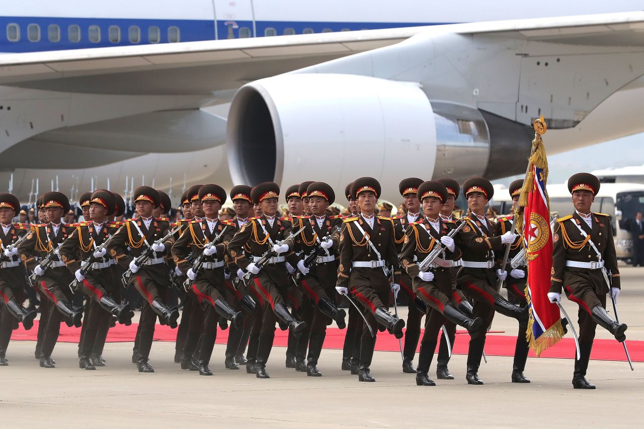 North Korean honor guards march during a welcoming ceremony for Moon in Pyongyang on September 18.