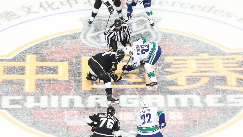 SHANGHAI, CHINA - SEPTEMBER 21:  Players takes a faceoff during a pre-season National Hockey League game between the Vancouver Canucks and the LA Kings at  Mercedes-Benz Arena on September 21, 2017 in Shanghai, China.  (Photo by Yifan Ding/Getty Images )