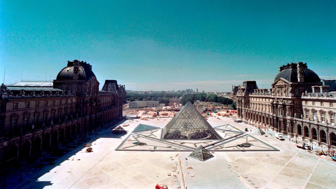 A photo taken on July 28, 1988 shows the construction site of the Louvre Pyramid designed by Chinese-American architect I.M. Pei.