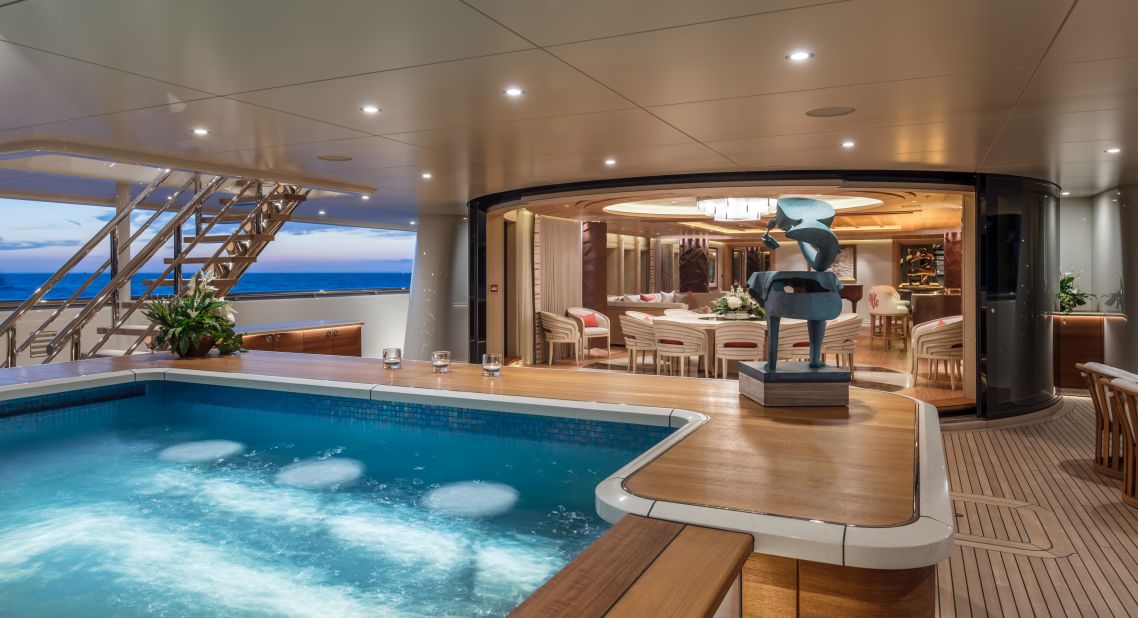 It can sleep up to 12 guests across 10 rooms. Included onboard is a self-playing grand piano, a sauna and steam room, a beach club and a helipad -- spread over six decks. According to Yacht Charter Fleet, it will cost $1,394,500 per week to charter.