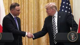 President Donald Trump shakes hands with Polish President Andrzej Duda, left, during a news conference in the East Room of the White House, Tuesday, Sept. 18, 2018, in Washington. (AP Photo/Alex Brandon)
