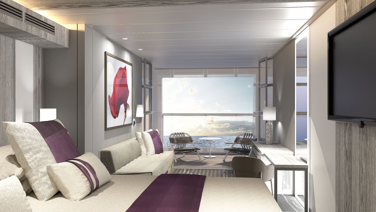 <strong>Infinite verandas</strong>: In the bedrooms, the designers have installed "infinite verandas" in place of traditional balconies. In each room, buttons can be pressed to divide the veranda from the bedroom and open the large windows onto the ocean, as this artistic rendering demonstrates. 