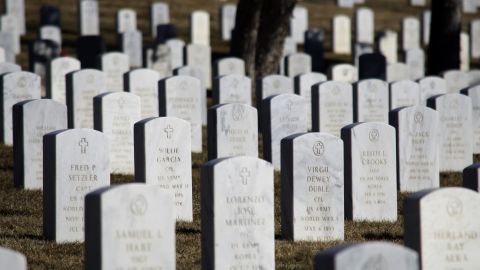 Granite government tombstones mark the graves of veterans at the Santa Fe National Cemetery in Santa Fe, New Mexico in 2016. The cemetery is administered by the U.S. Department of Veterans Affairs.