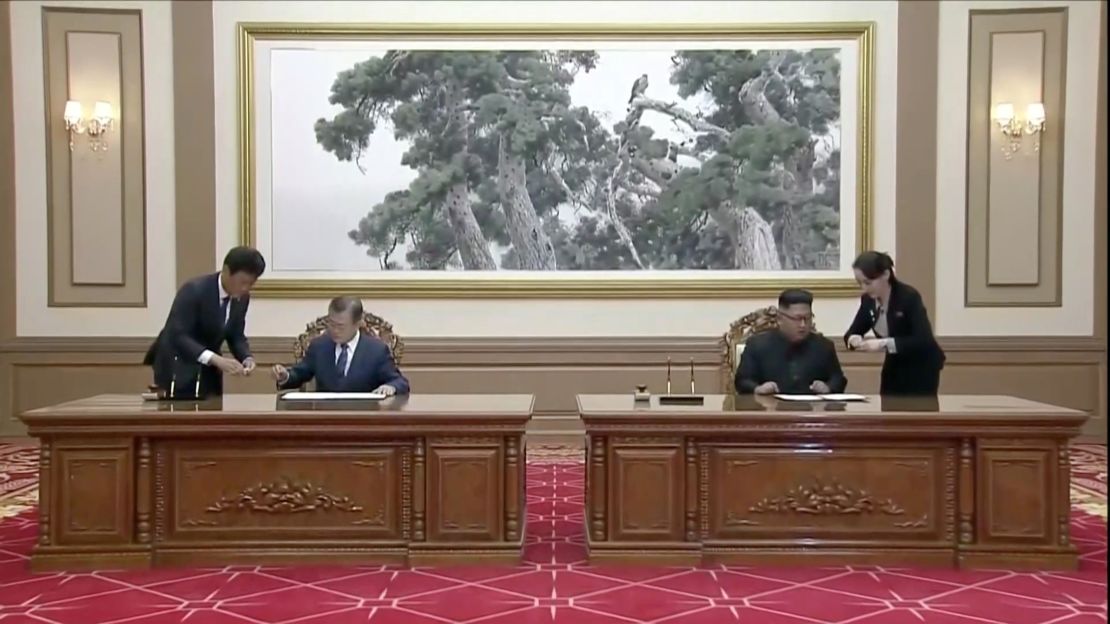 South Korean President Moon Jae-in and North Korean leader Kim Jong Un at the Paekhwawon State Guesthouse in Pyongyang, North Korea, in this still frame taken from video taken Wednesday, September 19.